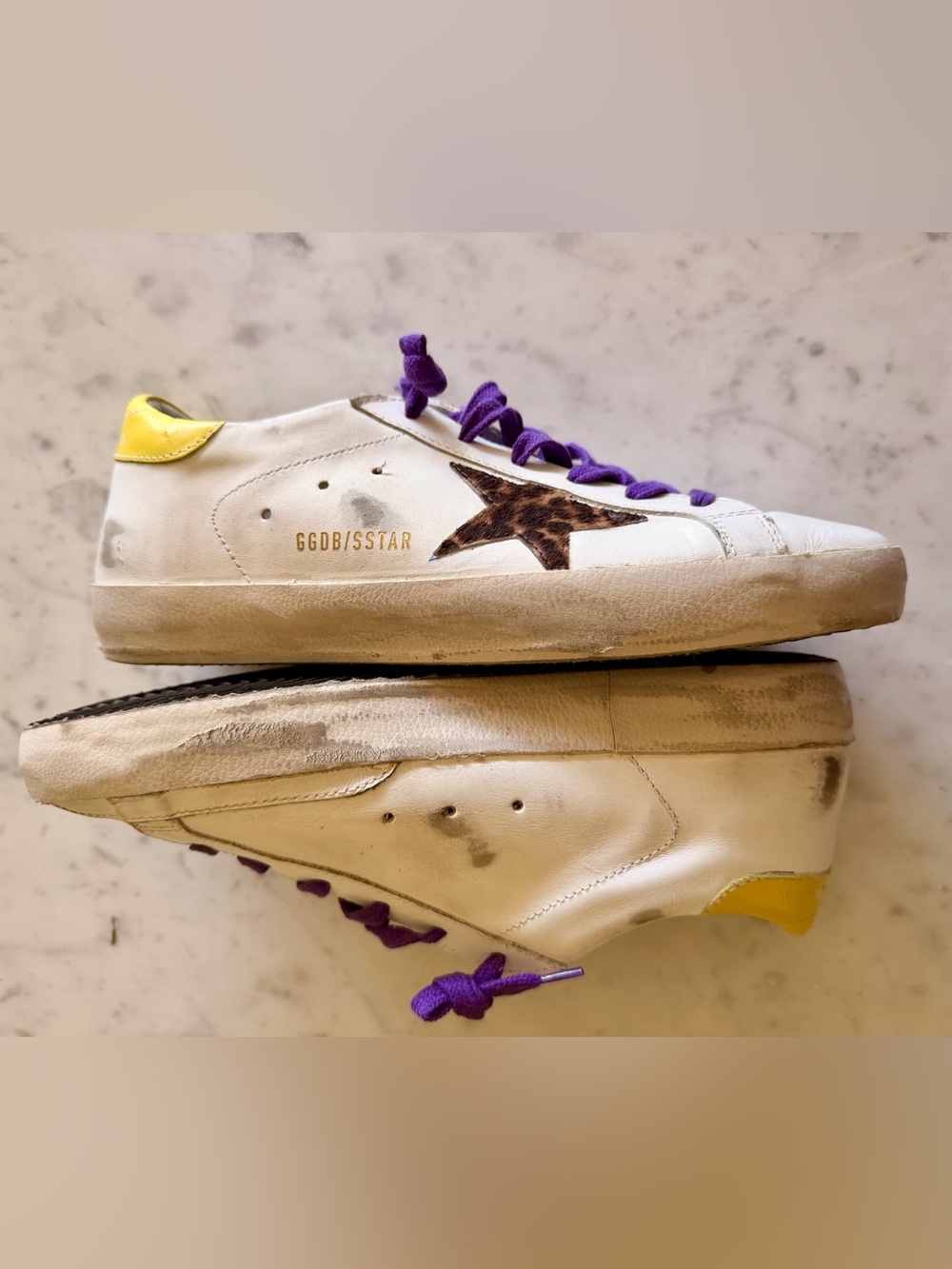 Women’s Golden Goose Super Stars Sneakers White Leather/Leopard/Purple Laces - Picture 2 of 5